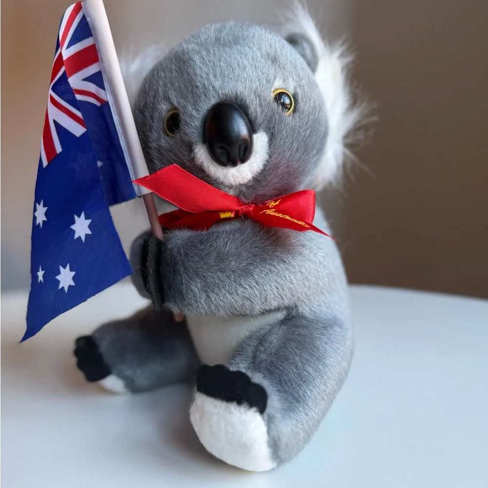 Gray Koala NWT Plush with Red Bow & Flag Top High quality Lifelike Realistic 9”